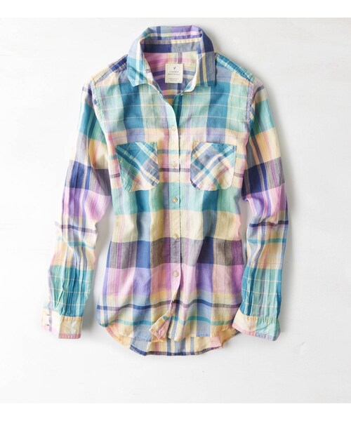 American Eagle（アメリカンイーグル）の「AEOプラッドシャツ（シャツ/ブラウス・レディース・バーガンディ/コーラル/ブルー/コバルトブルー/マルチ・XXS/XS/S/M/L/XL）」の5枚目の写真
