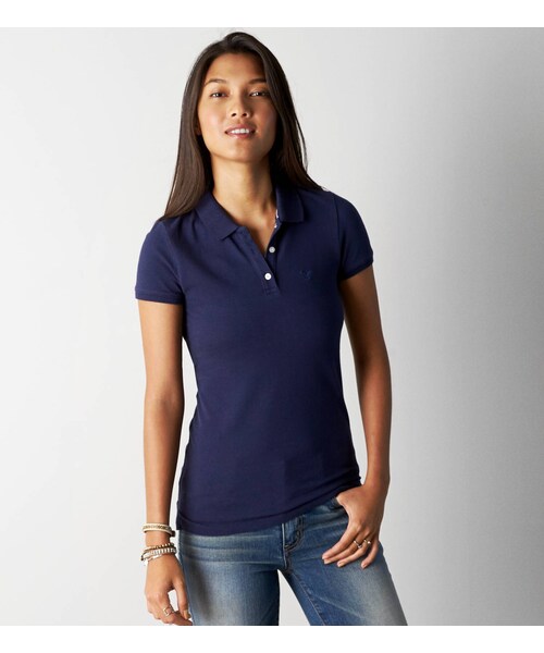 American Eagle（アメリカンイーグル）の「AEOショートスリーブポロ（ポロシャツ・レディース・ネイビー/ミディアムヘザーグレー/トゥルーブラック/ホワイト/クラシックネイビー/サマーバーガンディー・XXS/XS/S/M/L/XL/XXL）」の2枚目の写真