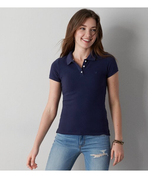 American Eagle（アメリカンイーグル）の「AEOショートスリーブポロ（ポロシャツ・レディース・ネイビー/ミディアムヘザーグレー/トゥルーブラック/ホワイト/クラシックネイビー/サマーバーガンディー・XXS/XS/S/M/L/XL/XXL）」の5枚目の写真