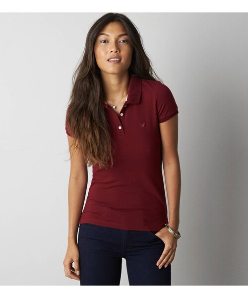 American Eagle（アメリカンイーグル）の「AEOショートスリーブポロ（ポロシャツ・レディース・ネイビー/ミディアムヘザーグレー/トゥルーブラック/ホワイト/クラシックネイビー/サマーバーガンディー・XXS/XS/S/M/L/XL/XXL）」の6枚目の写真