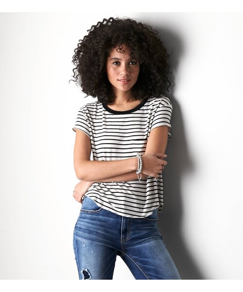 American Eagle(アメリカンイーグル)の「AEOソフトジャージースイングTシャツ(Tシャツ/カットソー・レディース・ブラック/クリーム・XS/S/M/L/XL)」の1枚目の写真