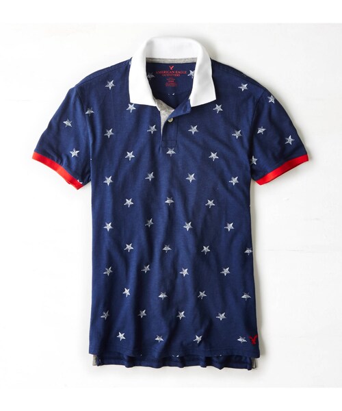 American Eagle（アメリカンイーグル）の「AEOスタープリントジャージーポロ（ポロシャツ・メンズ・ホワイト/ブルー・XS/S/M/L/XL/XXL/XXXL）」の2枚目の写真