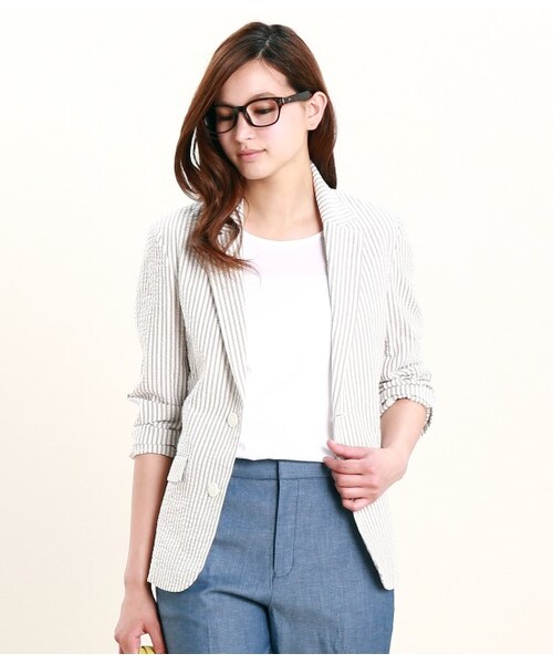 ROPE' PICNIC（ロペピクニック）の「サッカーストライプジャケット（ジャケット・レディース・ライトグレー/ホワイト/ブルー・38/40）」の2枚目の写真