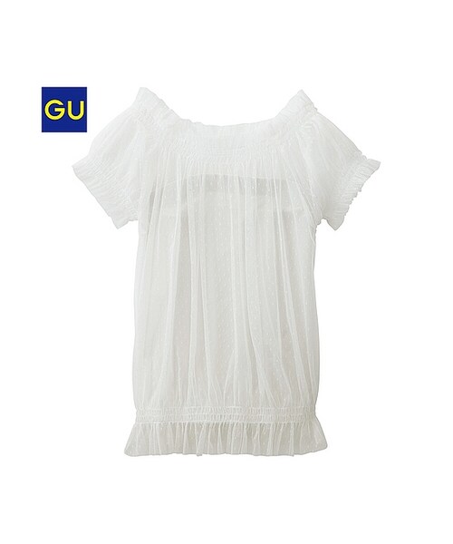 GU（ジーユー）の「（GU）チュールコンビレイヤードＴ（半袖）（WOMEN ⁄ カットソー・レディース・BLACK/OFF WHITE/PINK・L/S/M）」の2枚目の写真