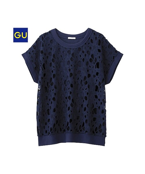 GU（ジーユー）の「（GU）クロップドレースゆるＴ（半袖）（WOMEN ⁄ カットソー・レディース・OFF WHITE/YELLOW/NAVY・L/XL/M/S）」の2枚目の写真