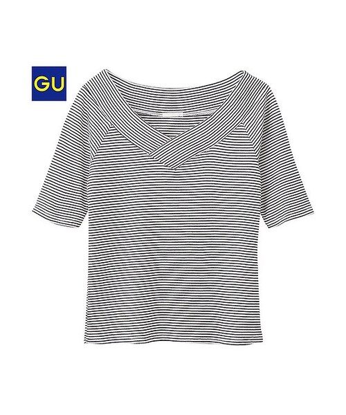 GU(ジーユー)の「(GU)ボーダーVネックオフショルダーT(半袖)A(WOMEN ⁄ カットソー・レディース・GRAY/BLUE/OFF WHITE・S/M/L)」の2枚目の写真