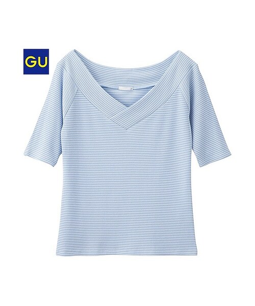 GU(ジーユー)の「(GU)ボーダーVネックオフショルダーT(半袖)A(WOMEN ⁄ カットソー・レディース・GRAY/BLUE/OFF WHITE・S/M/L)」の3枚目の写真
