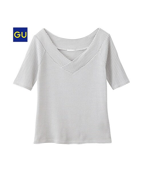 GU(ジーユー)の「(GU)ボーダーVネックオフショルダーT(半袖)A(WOMEN ⁄ カットソー・レディース・GRAY/BLUE/OFF WHITE・S/M/L)」の1枚目の写真