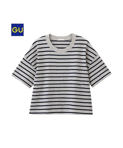 GU（ジーユー）の「（GU）クロップドボーダーゆるＴ（半袖）（WOMEN ⁄ カットソー・レディース・OFF WHITE/GREEN/GRAY/NAVY・S/XL/M/L）」の2枚目の写真