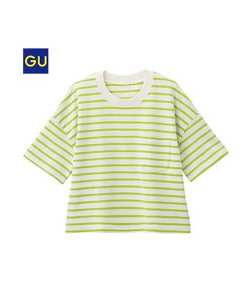 GU（ジーユー）の「（GU）クロップドボーダーゆるＴ（半袖）（WOMEN ⁄ カットソー・レディース・OFF WHITE/GREEN/GRAY/NAVY・S/XL/M/L）」の3枚目の写真