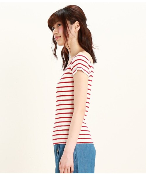 VIS（ビス）の「テレコボーダースクェアーネックプルオーバー（ニット・レディース・ライトグレー/ネイビー/レッド・M）」の5枚目の写真