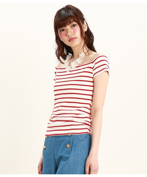 VIS（ビス）の「テレコボーダースクェアーネックプルオーバー（ニット・レディース・ライトグレー/ネイビー/レッド・M）」の3枚目の写真