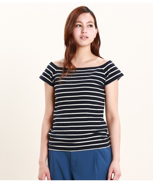 VIS（ビス）の「テレコボーダースクェアーネックプルオーバー（ニット・レディース・ライトグレー/ネイビー/レッド・M）」の2枚目の写真