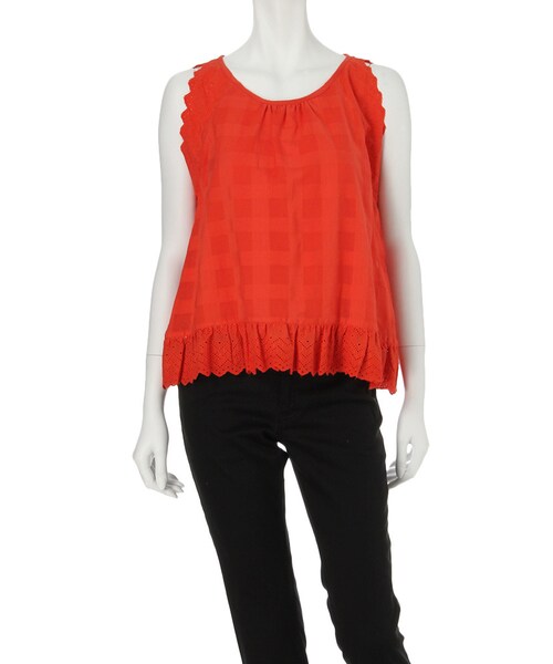 MERCURYDUO（マーキュリーデュオ）の「【DUO】 ガーゼチェック×レーストップス（トップス・レディース・オフホワイト/ブラック/オレンジ・F）」の4枚目の写真