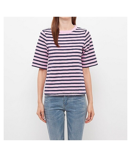 UNIQLO(ユニクロ)の「WOMEN スラブクロップドボーダーT(5分袖)B+E(Tシャツ/カットソー・レディース・BLUE/RED/PINK/BLACK・S/M/L)」の3枚目の写真