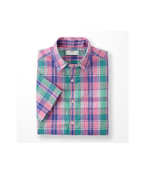 UNIQLO（ユニクロ）の「MEN リネンコットンチェックシャツ（半袖）（カジュアルシャツ(長袖・半袖)・メンズ・PINK/RED/BLUE/GREEN/YELLOW/BROWN・M/L/S/XL）」の2枚目の写真