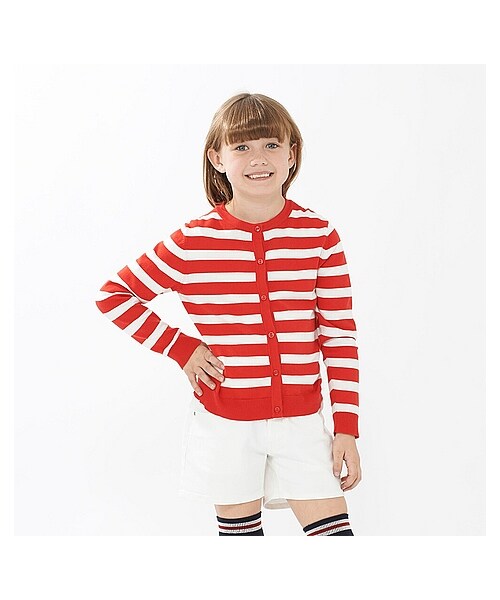 UNIQLO(ユニクロ)の「GIRLS クルーネックカーディガン(ボーダー・長袖)(大きいサイズ(160cm)・キッズ・RED/GRAY/BLUE・110/120/130)」の2枚目の写真