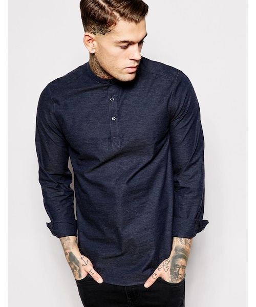 asos(エイソス)の「ASOS BRAND ASOS Shirt In Denim Twill With Half Placket(シャツ/ブラウス・メンズ・navy・S-Chest 36-38"/L-Chest 40-42"/M-Chest 38-40"/XL-Chest 42-44"/XS-Chest 34-36"/XXL-Chest 44-46"/XXXS-Chest 30-32in (76-81cm))」の1枚目の写真