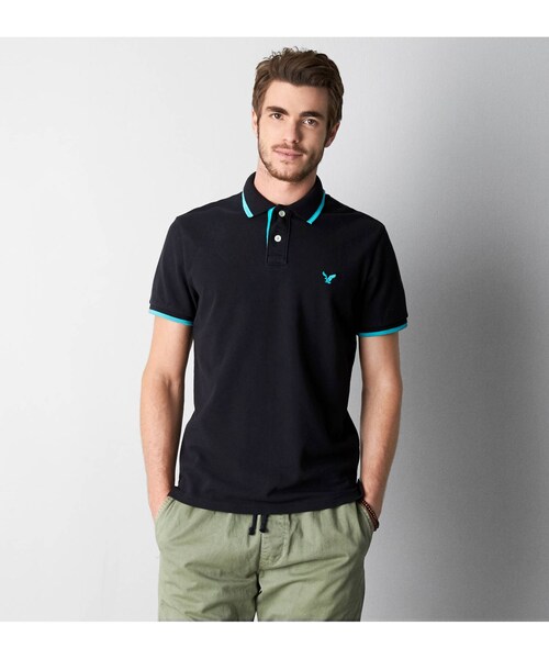 American Eagle（アメリカンイーグル）の「AEOティップドポロ（ポロシャツ・メンズ・ボールドブラック/エアホワイト/アクア/フリートネイビー・S/M/L/XXL/XS/XL/XXXL）」の2枚目の写真