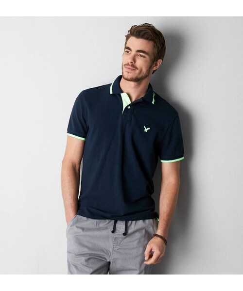 American Eagle（アメリカンイーグル）の「AEOティップドポロ（ポロシャツ・メンズ・ボールドブラック/エアホワイト/アクア/フリートネイビー・S/M/L/XXL/XS/XL/XXXL）」の4枚目の写真
