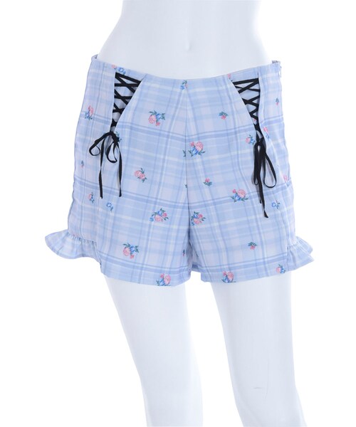 EATME(イートミー)の「チェック×花柄レースアップ裾フリルショートパンツ(パンツ)」 - WEAR EATME(イートミー)の「チェック×花柄レースアップ裾フリルショートパンツ(パンツ)」 - WEAR