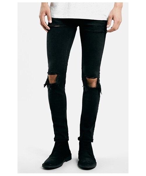 TOPMAN（トップマン）の「Topman Ripped Stretch Skinny Fit Jeans (Black)（デニムパンツ・メンズ・Black・34 x 32/36 x 34/30 x 30/32 x 34/32 x 32/34 x 34/30 x 32/32 x 30）」の2枚目の写真