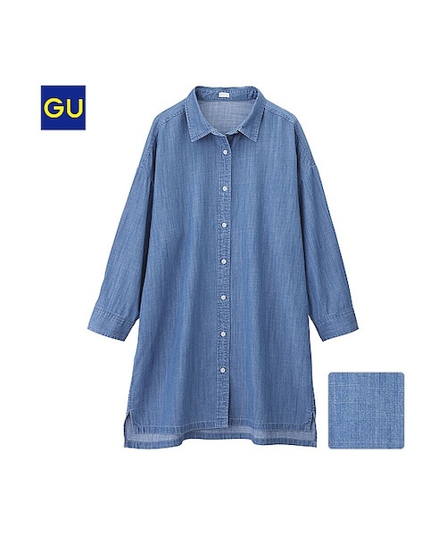 GU（ジーユー）の「（GU）デニムシャツチュニック（７分袖）（WOMEN ⁄ チュニック・レディース・NAVY/BLUE・L/S/XL/M）」の2枚目の写真