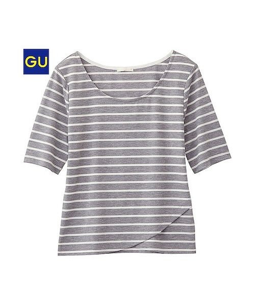 GU（ジーユー）の「（GU）ボーダークロップドＴ（半袖）（WOMEN ⁄ カットソー・レディース・OFF WHITE/NAVY/GRAY・S/XL/M/L）」の2枚目の写真
