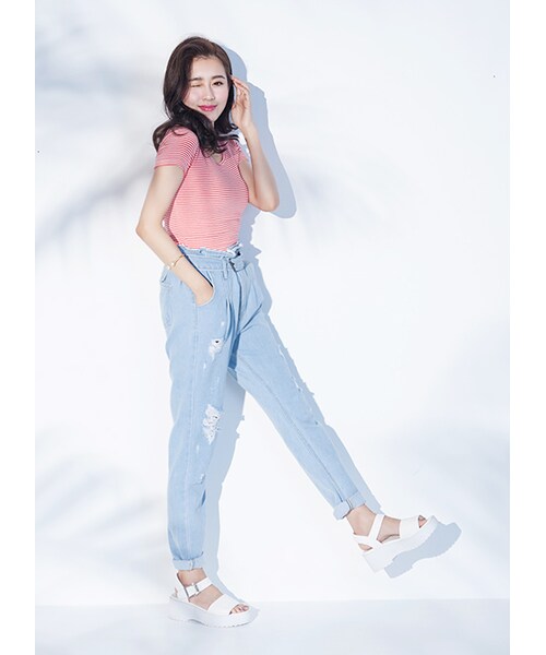 gracegift（グレースギフト）の「一字方釦寬帶厚底涼鞋（その他・レディース・黑條紋/黑/白・35/36/37/38/39/40/41）」の9枚目の写真