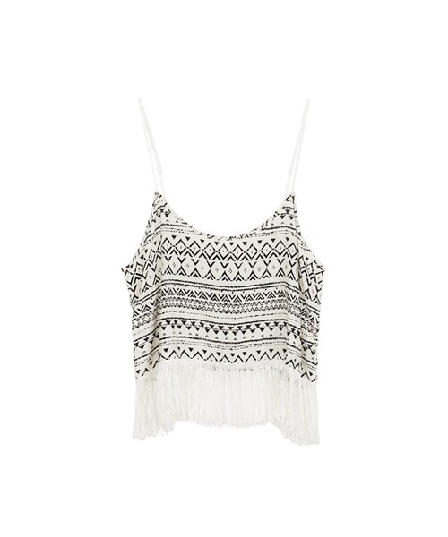 gracegift(グレースギフト)の「韓國幾何圖騰下擺流蘇肩帶上衣(トップス・レディース・米白/黑・F)」の1枚目の写真