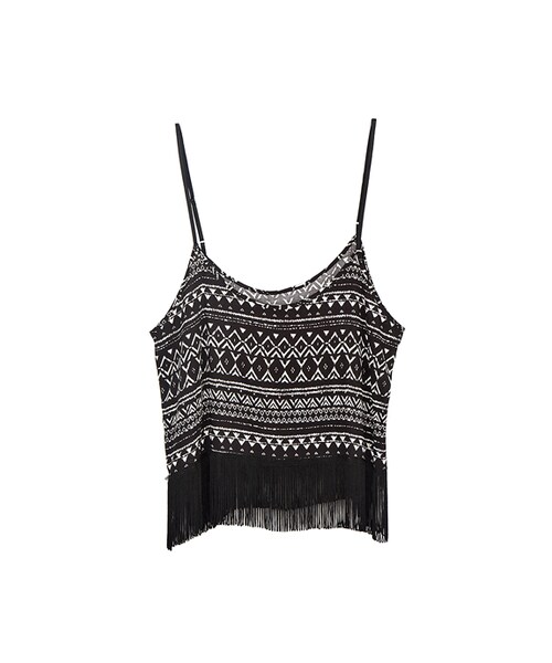 gracegift(グレースギフト)の「韓國幾何圖騰下擺流蘇肩帶上衣(トップス・レディース・米白/黑・F)」の3枚目の写真