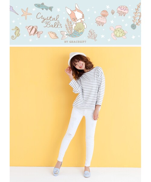 gracegift（グレースギフト）の「韓國微甜海軍風蝴蝶結上衣（トップス・レディース・灰/深藍・F）」の4枚目の写真