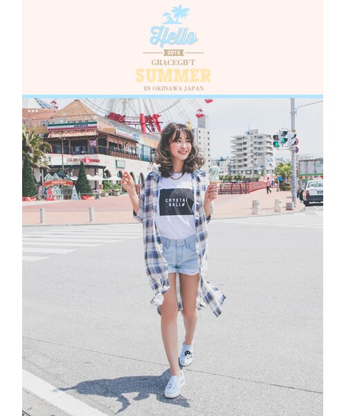 gracegift（グレースギフト）の「韓國隨性休閒格紋雪紡外套（その他・レディース・藍・F）」の4枚目の写真