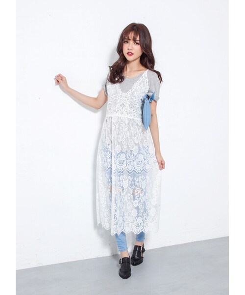 gracegift（グレースギフト）の「韓國溫柔蕾絲織花細肩帶洋裝（その他・レディース・白/黑・F）」の6枚目の写真