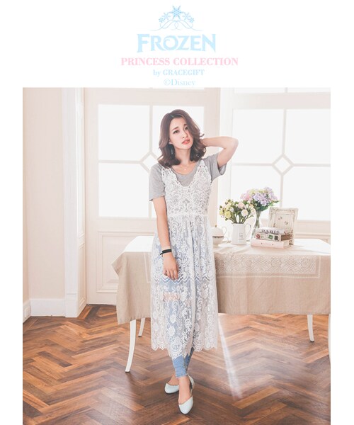 gracegift（グレースギフト）の「韓國溫柔蕾絲織花細肩帶洋裝（その他・レディース・白/黑・F）」の4枚目の写真