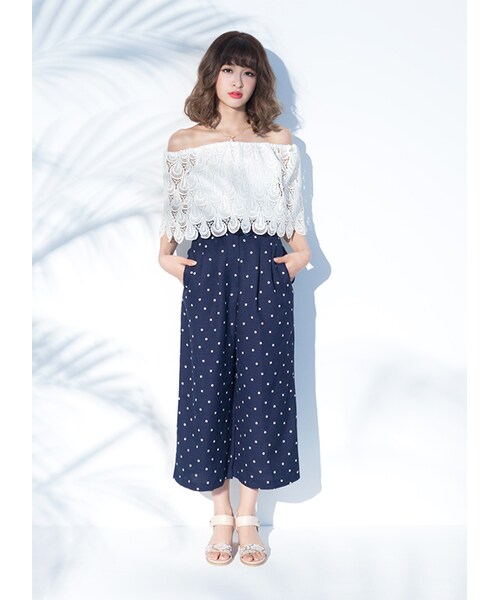 gracegift（グレースギフト）の「韓國可愛水玉點點棉麻寬褲（パンツ・レディース・圓點・F）」の5枚目の写真