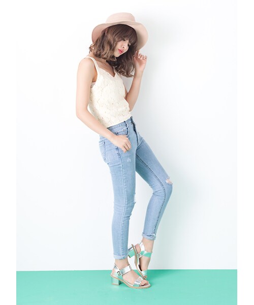 gracegift(グレースギフト)の「韓國紐約街頭小抓破窄管牛仔褲(パンツ・レディース・藍・M/L)」の8枚目の写真