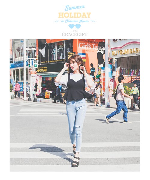 gracegift(グレースギフト)の「韓國紐約街頭小抓破窄管牛仔褲(パンツ・レディース・藍・M/L)」の4枚目の写真