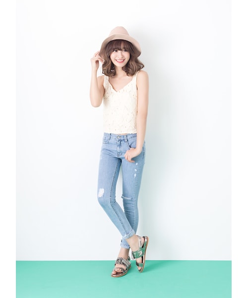 gracegift(グレースギフト)の「韓國紐約街頭小抓破窄管牛仔褲(パンツ・レディース・藍・M/L)」の10枚目の写真