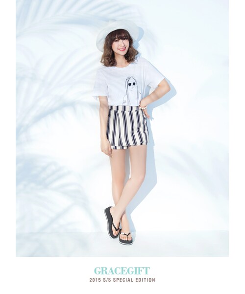 gracegift(グレースギフト)の「韓國俏甜女孩海軍風條紋褲裙(パンツ・レディース・白・S/M)」の4枚目の写真