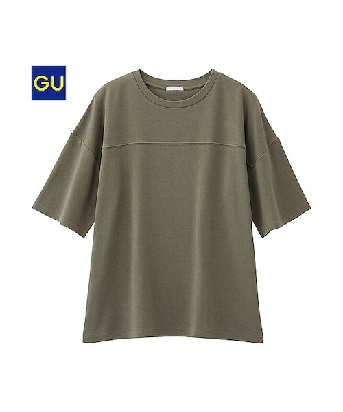 GU(ジーユー)の「(GU)ハーフスリーブT(5分袖)(WOMEN ⁄ カットソー・レディース・GREEN/OFF WHITE/DARK BROWN/BEIGE/BLACK・L/M/XL/S)」の1枚目の写真