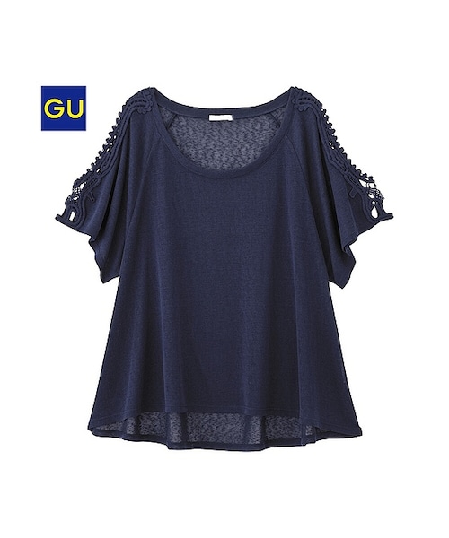 GU（ジーユー）の「（GU）レースコンビオープンショルダーＴ（半袖）（WOMEN ⁄ カットソー・レディース・DARK GREEN/OFF WHITE/NAVY・M/L/XL/S）」の3枚目の写真