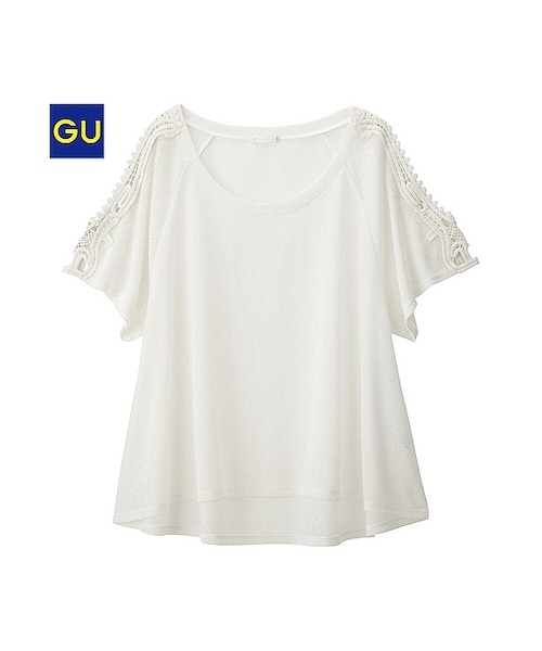 GU（ジーユー）の「（GU）レースコンビオープンショルダーＴ（半袖）（WOMEN ⁄ カットソー・レディース・DARK GREEN/OFF WHITE/NAVY・M/L/XL/S）」の2枚目の写真