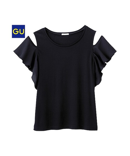 GU（ジーユー）の「（GU）フリルオープンショルダーＴ（半袖）（WOMEN ⁄ カットソー・レディース・OFF WHITE/BLACK/PINK・S/XL/M/L）」の2枚目の写真