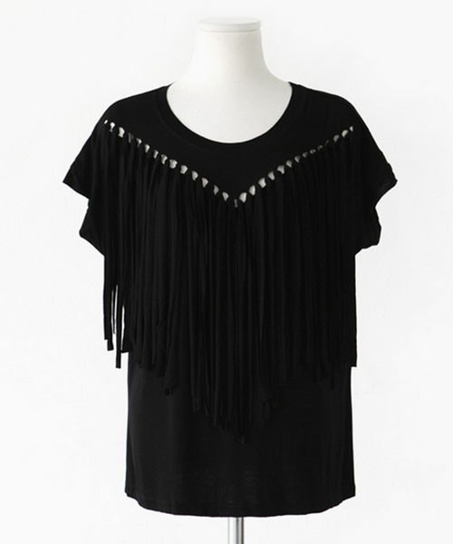 DHOLIC(ディーホリック)の「VフリンジルーズフィットTシャツ(Tシャツ/カットソー・レディース・アイボリー/ブラック・FREE)」の2枚目の写真