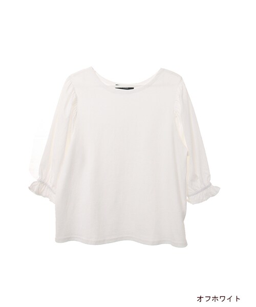 w closet(ダブルクローゼット)の「5分袖異素材プルオーバー(トップス・レディース・オフホワイト/オフホワイト×サックス/グレー×カーキ・FREE)」の1枚目の写真