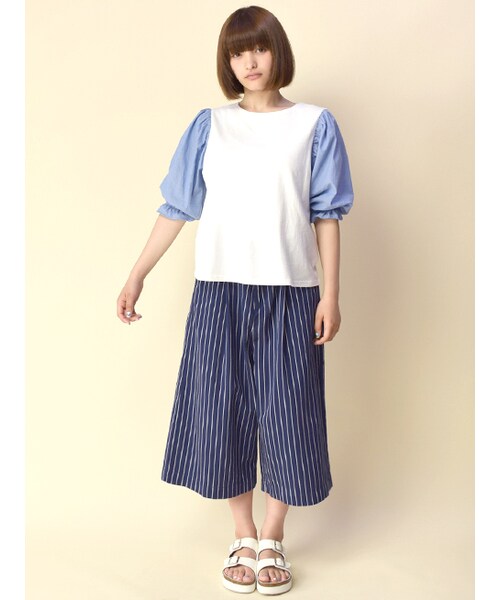 w closet(ダブルクローゼット)の「5分袖異素材プルオーバー(トップス・レディース・オフホワイト/オフホワイト×サックス/グレー×カーキ・FREE)」の10枚目の写真