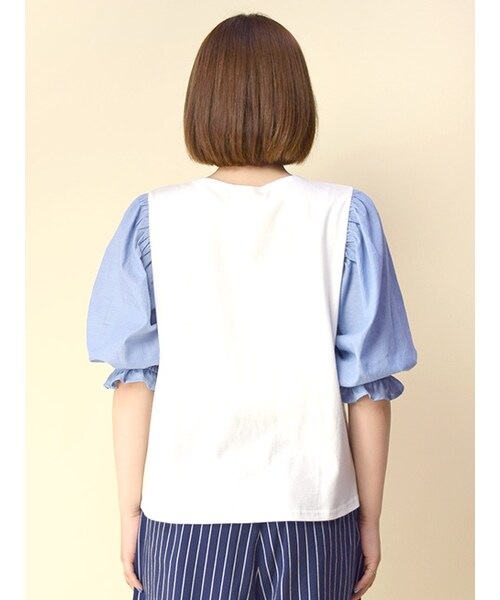 w closet(ダブルクローゼット)の「5分袖異素材プルオーバー(トップス・レディース・オフホワイト/オフホワイト×サックス/グレー×カーキ・FREE)」の6枚目の写真