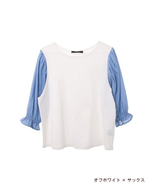 w closet(ダブルクローゼット)の「5分袖異素材プルオーバー(トップス・レディース・オフホワイト/オフホワイト×サックス/グレー×カーキ・FREE)」の2枚目の写真