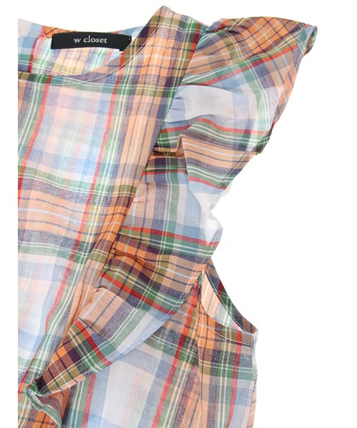 w closet（ダブルクローゼット）の「肩フリル切替チェックトップス（トップス・レディース・オレンジ/サックス/ネイビー・FREE）」の8枚目の写真